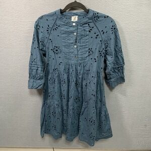 dRA Los Angeles Yara Dress Womens Small Teal Eyelet Cotton 3/4 Sleeve Pleated